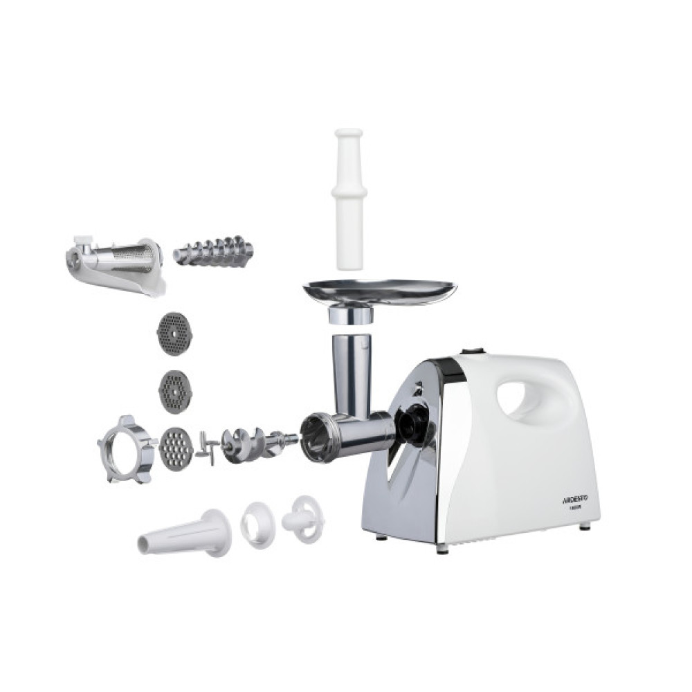 М'ясорубка ARDESTO, 1800Вт, 2кг/хв, 3 решітки, насадка для ковбас, кеббе, томатів, пластик, біло-сріблястий