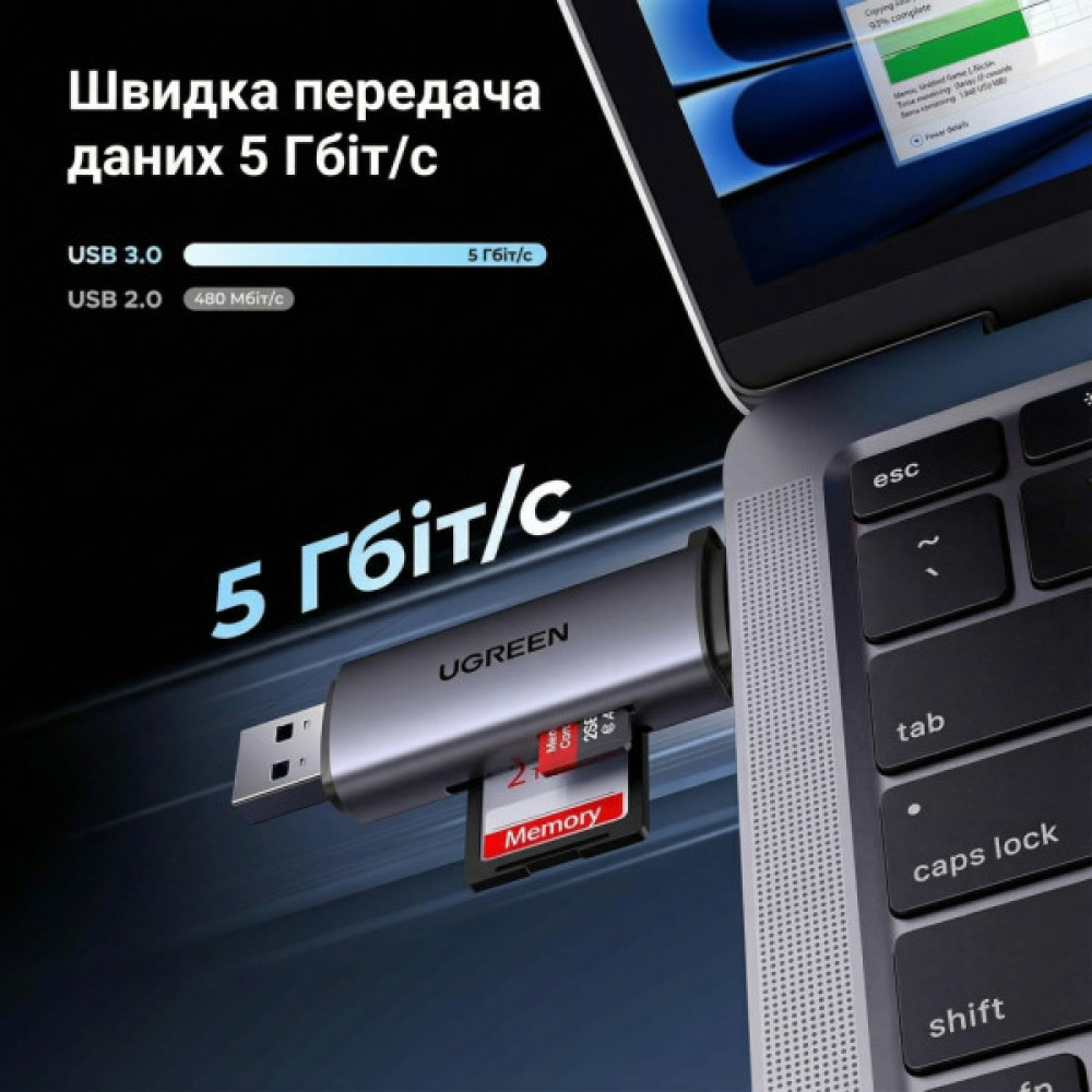 Зчитувач флеш-карт Ugreen USB-C + USB to TF/SD 3.0 CM185 gray (50706)