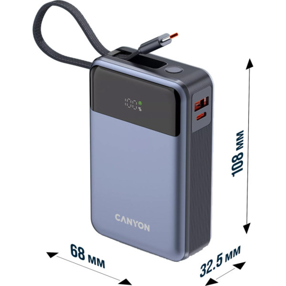Батарея універсальна Canyon 20000mAh OnPower 600 PD/65W built-in cable Dark Grey (CNS-CPB600DG)