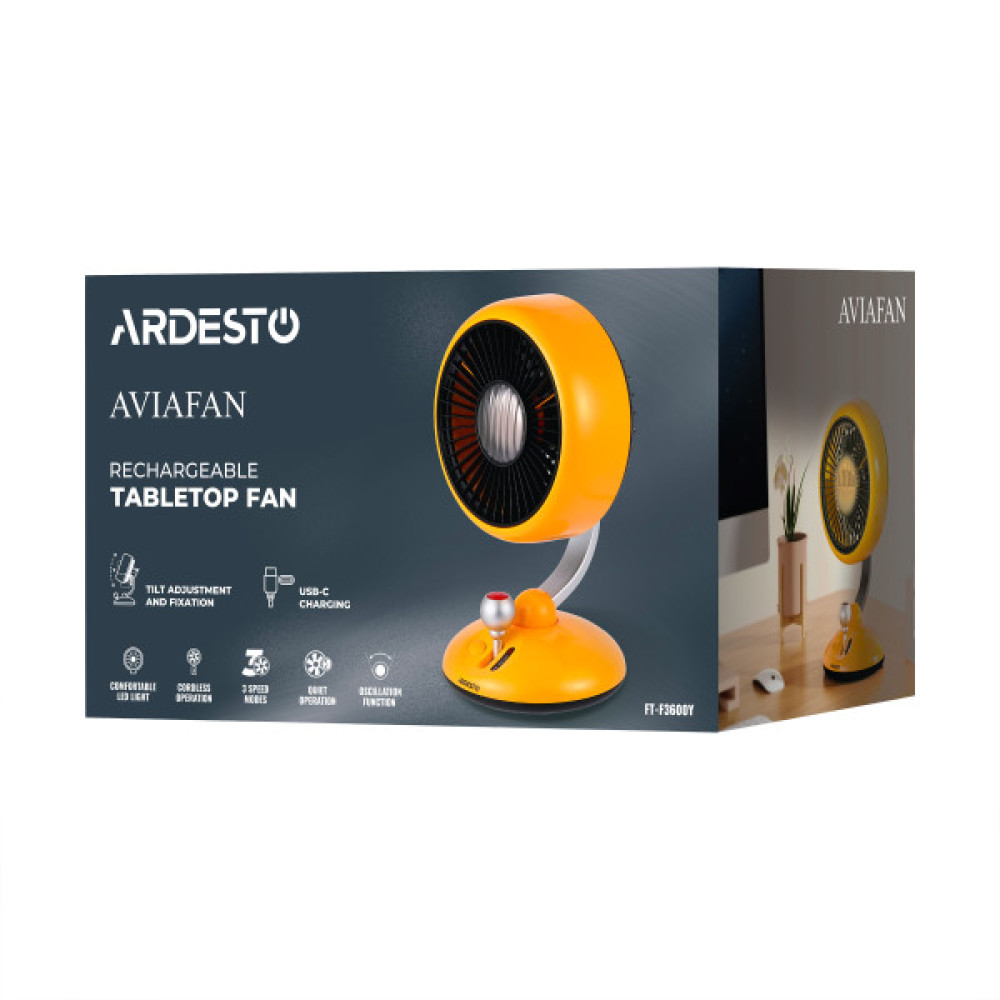 Вентилятор ARDESTO AviaFan FT-F3600Y настільний, 12см, акумулятор, підсвічування, USB-A Type-C, жовтий