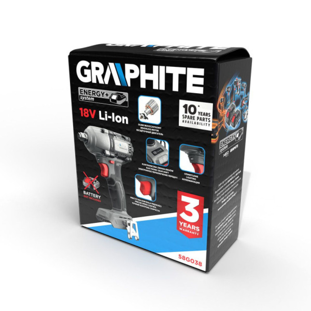 Гайковерт ударний GRAPHITE Energy+ 18В 450Нм 2600об/хв 1/2" 3 швидкості 1.24кг без АКБ та ЗП