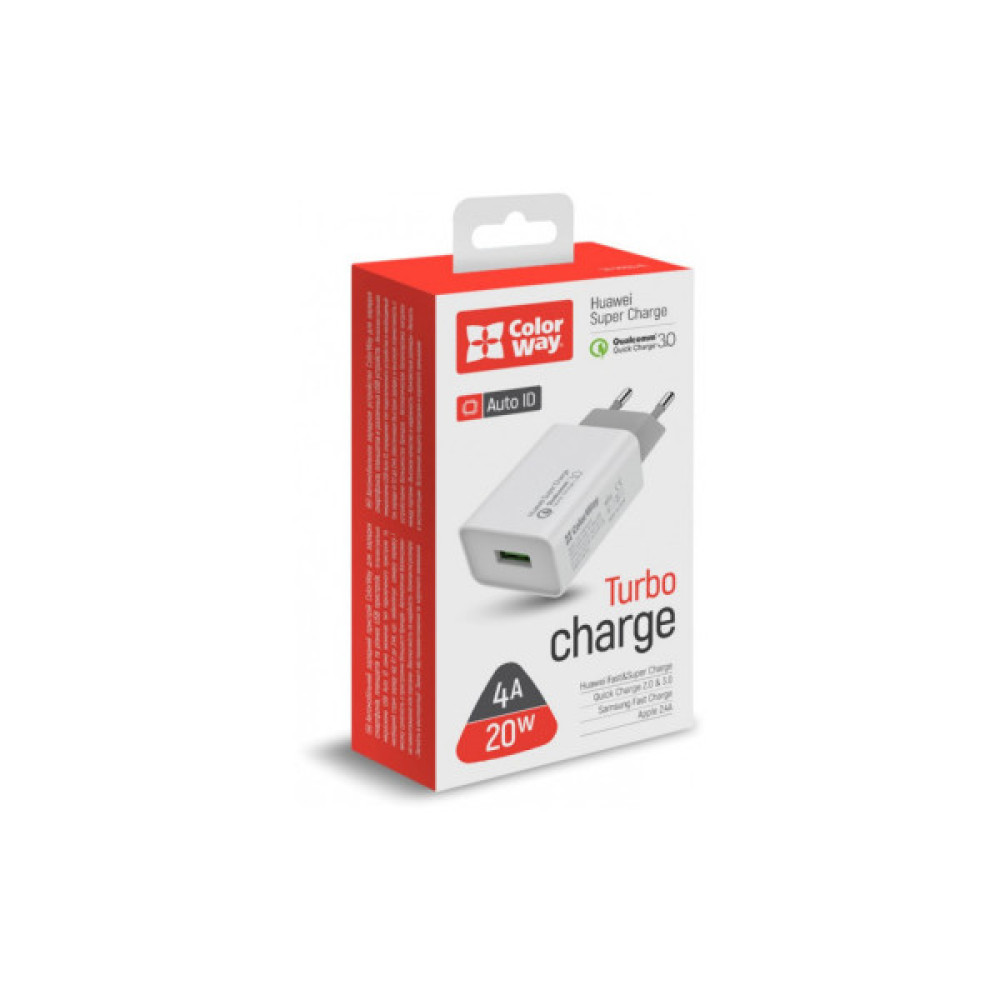 Зарядний пристрій ColorWay 1USB Huawei Super Charge/Quick Charge 3.0, 4A (20W) (CW-CHS014Q-WT)