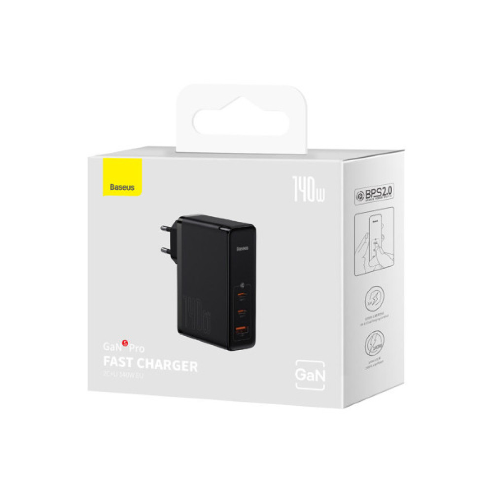 Зарядний пристрій Baseus 2xUSB-C 140W + 1xUSB GaN + cable USB-C to USB-C black (CCGP100201)