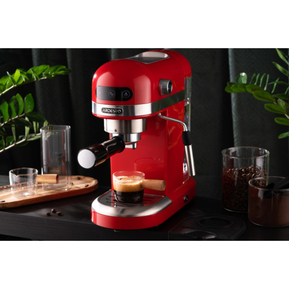 Кавоварка ARDESTO ріжкова 1.4л, мелена, ручний капучинатор, підігрів чашок, червоний
