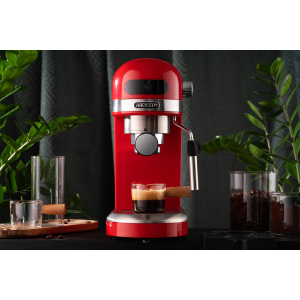 Кавоварка ARDESTO ріжкова 1.4л, мелена, ручний капучинатор, підігрів чашок, червоний