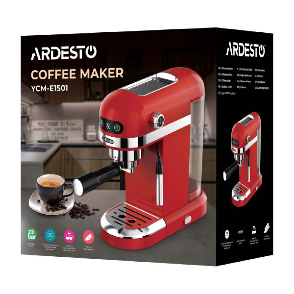 Кавоварка ARDESTO ріжкова 1.4л, мелена, ручний капучинатор, підігрів чашок, червоний