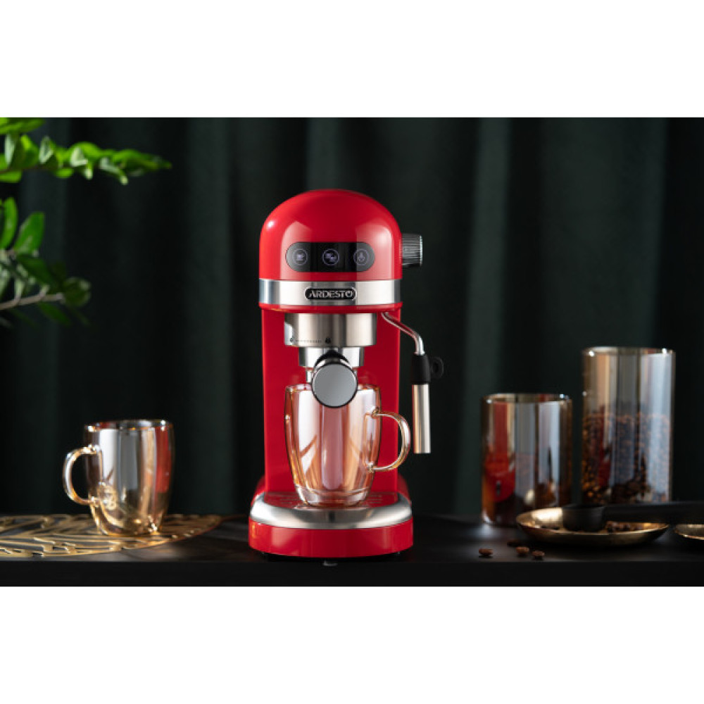Кавоварка ARDESTO ріжкова 1.4л, мелена, ручний капучинатор, підігрів чашок, червоний
