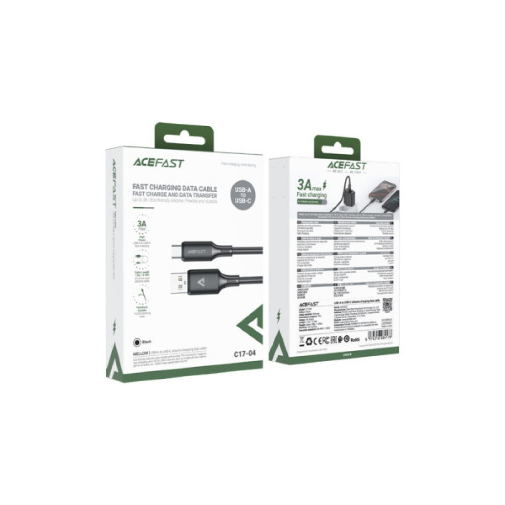 Дата кабель USB 2.0 AM to USB-C 1.2m 3A 60W silicone black Acefast (6974316284178)