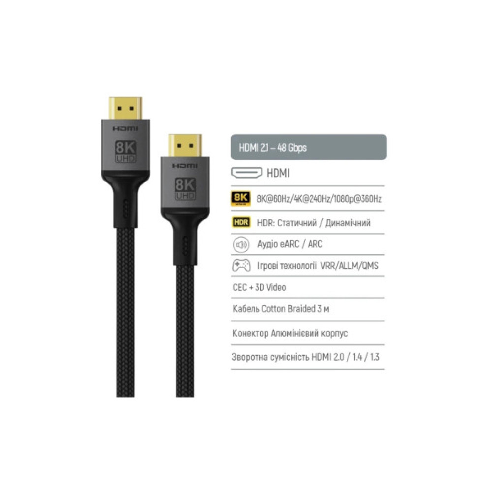 Кабель мультимедійний HDMI M to HDMI M 3.0m V2.1 8K black ColorWay (CW-CBHD089-BK)