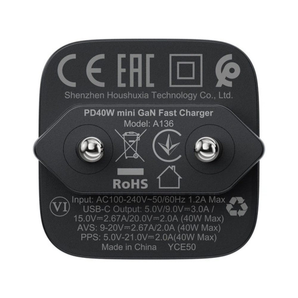 Зарядний пристрій Acefast A136 USB-C PD40W GaN black (6974316286233)