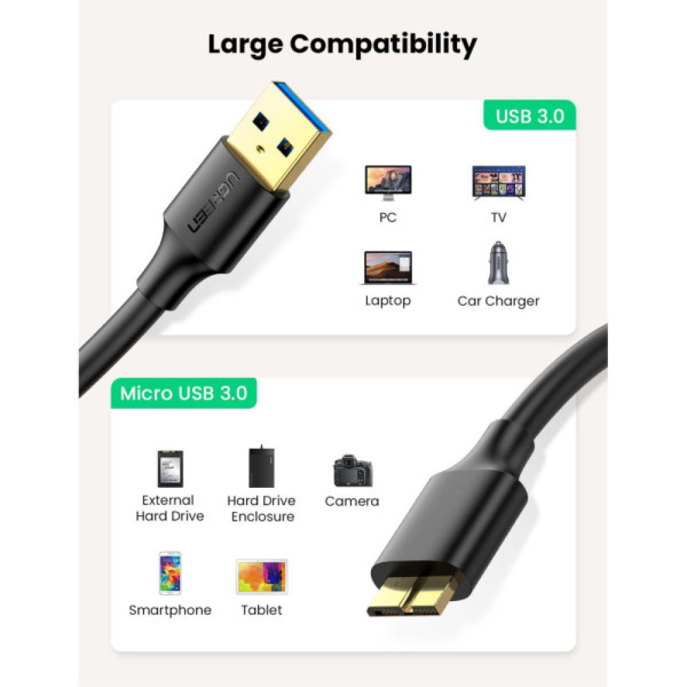 Дата кабель USB 3.0 AM to Micro B 0.5m US130 black Ugreen (10840)