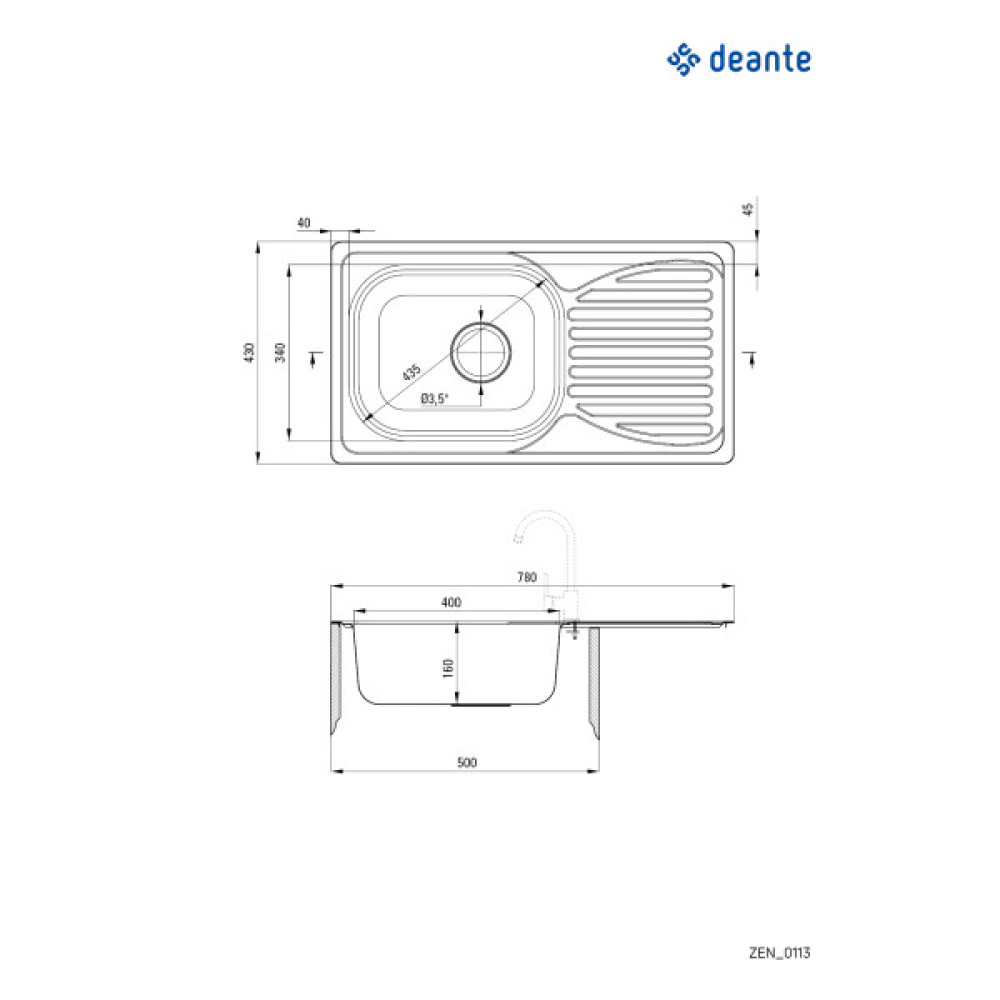 Мийка кухонна Deante Doppio, нерж.сталь, прямокут., з крилом, 780х430х160мм, чаша - 1, накладна, нерж
