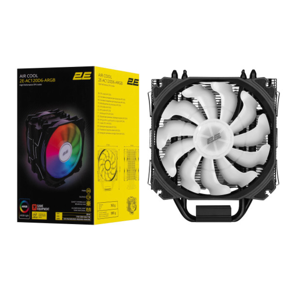 Процесорний кулер 2E GAMING Air Cool AC120D6-ARGB, LGA1851, 1700, 1366, 1200, 115x, AM5, AM4, AM3, AM3+, AM2, AM2+, FM2, FM1, 4pin PWM, 3pin +5VARGB, TDP 200W