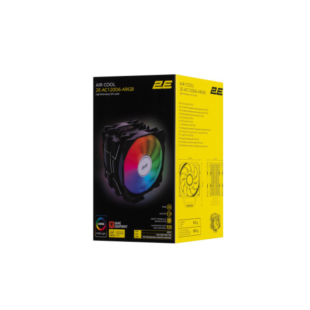 Процесорний кулер 2E GAMING Air Cool AC120D6-ARGB, LGA1851, 1700, 1366, 1200, 115x, AM5, AM4, AM3, AM3+, AM2, AM2+, FM2, FM1, 4pin PWM, 3pin +5VARGB, TDP 200W