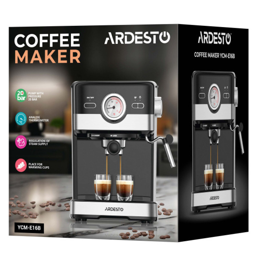 Кавоварка ARDESTO ріжкова 1.5л, мелена, ручний капучинатор, чорно-сріблястий