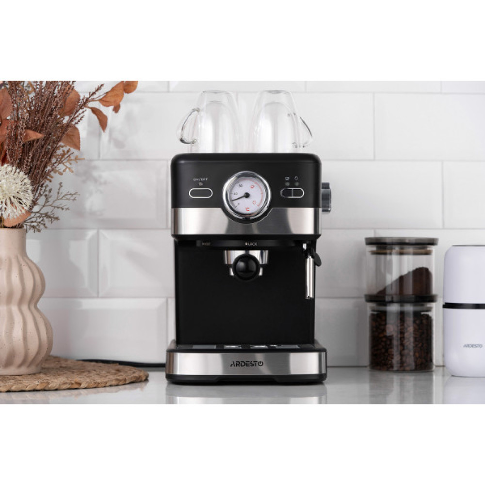 Кавоварка ARDESTO ріжкова 1.5л, мелена, ручний капучинатор, чорно-сріблястий