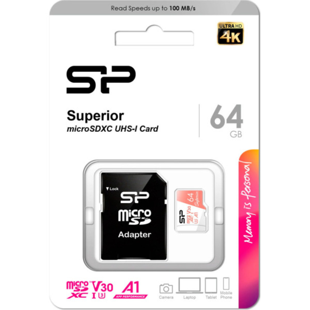 Карта пам'яті Silicon Power 64GB microSDXC class 10 UHS-I U3 V30 A1 Superior (SP064GBSTXDV3V20SP)