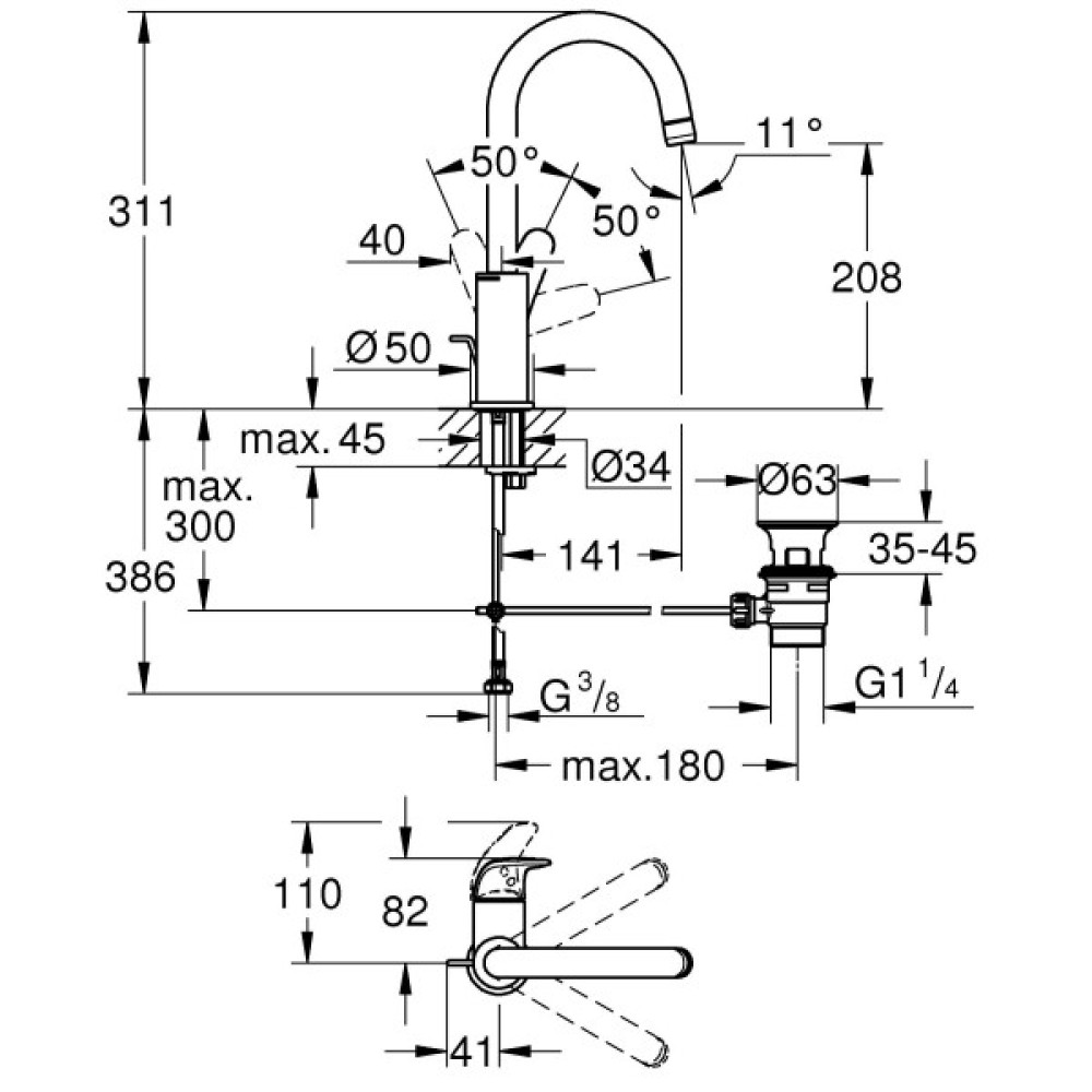 Змішувач для раковини Grohe QuickFix Swift L  довж. виливу - 140мм, поворотний, 1 важіль, хром