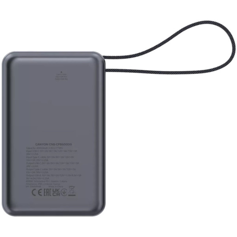 Батарея універсальна Canyon 20000mAh OnPower 600 PD/65W built-in cable Dark Grey (CNS-CPB600DG)