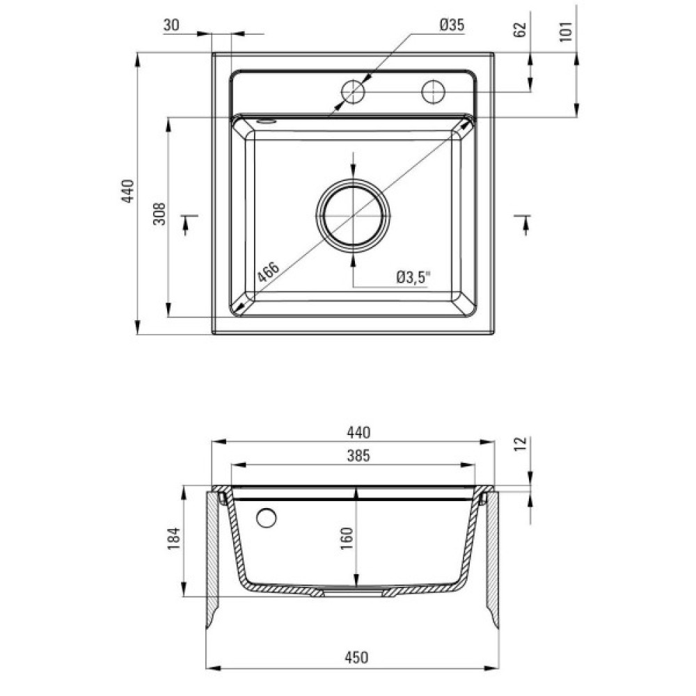 Мийка кухонна Deante Zorba, граніт, квадрат, без крила, 440х440х184мм, чаша - 1, накладна, металічний сірий
