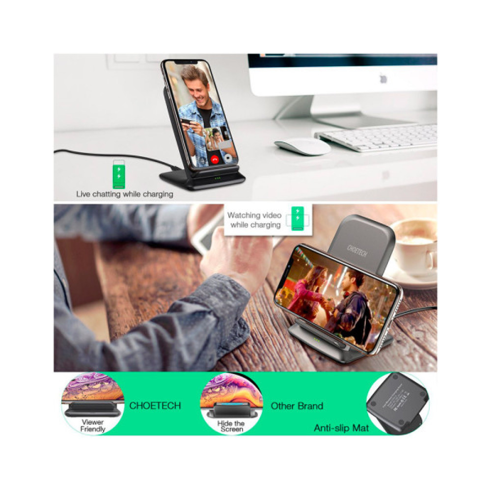 Зарядний пристрій Choetech 15W Fast Wireless Charging Stand 2coils black (T555-F-BK)