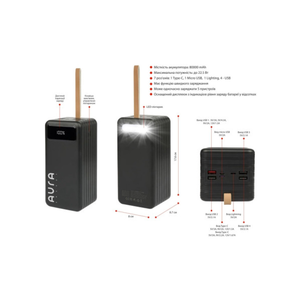 Батарея універсальна AURA NRG-P80 80000mAh 22.5W Black (PBANRG-P80B)