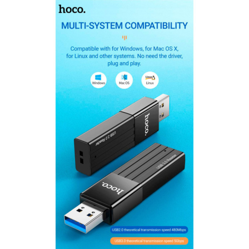 Зчитувач флеш-карт HOCO USB3.0 to microSD, microSDHC, microSDXC, SD, SDHC, SDXC, HB20 Black (6931474735218)