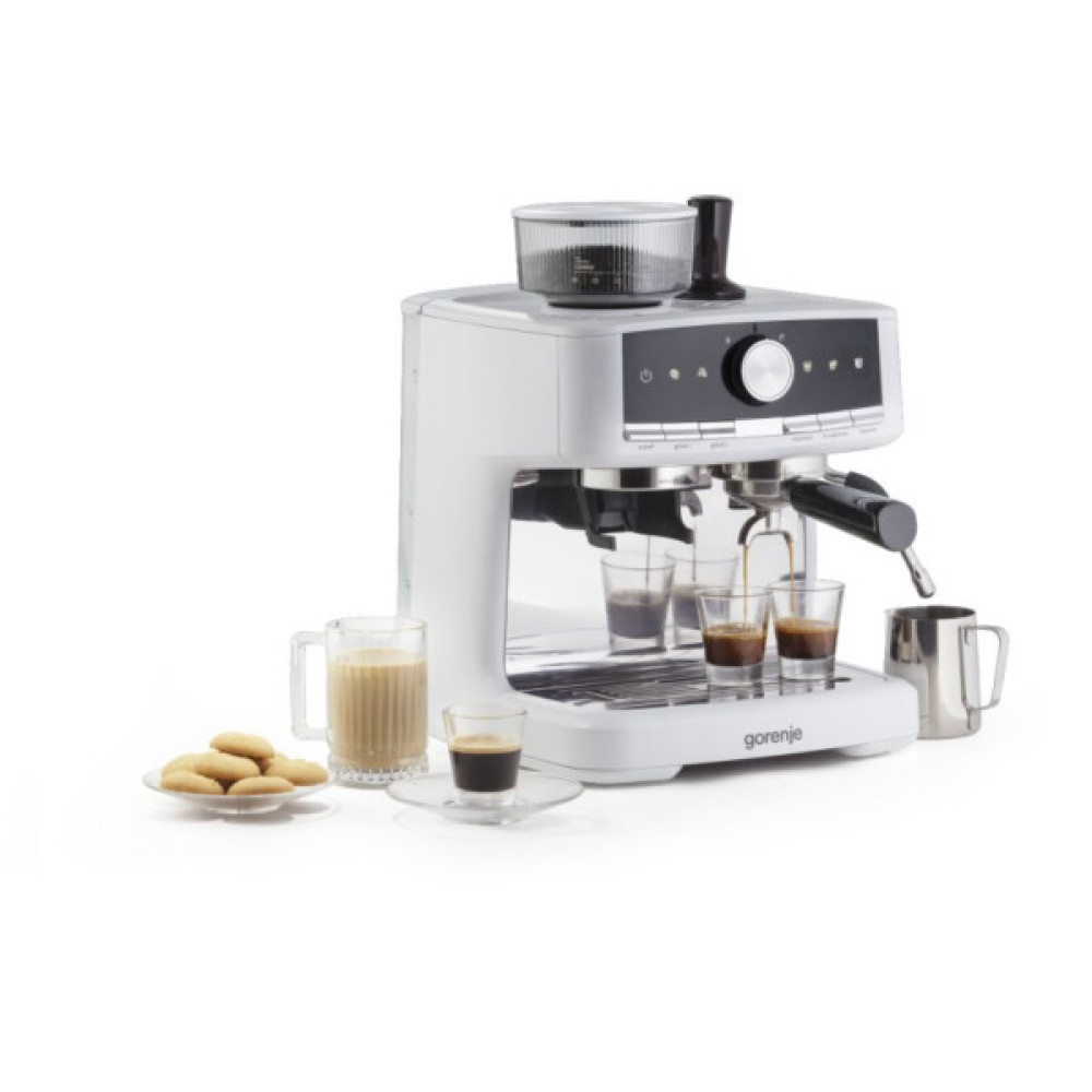 Кавоварка Gorenje ріжкова 2.5л, кавомолка 0,25л, капучинатор, кнопочне керування, білий