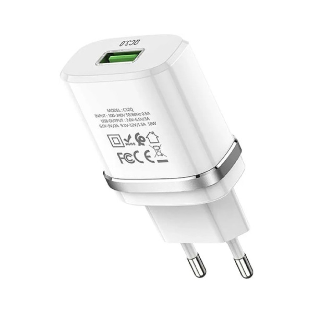 Зарядний пристрій HOCO C12Q Smart USB QC3.0 + cable USB to USB-C 18W White (6931474716309)
