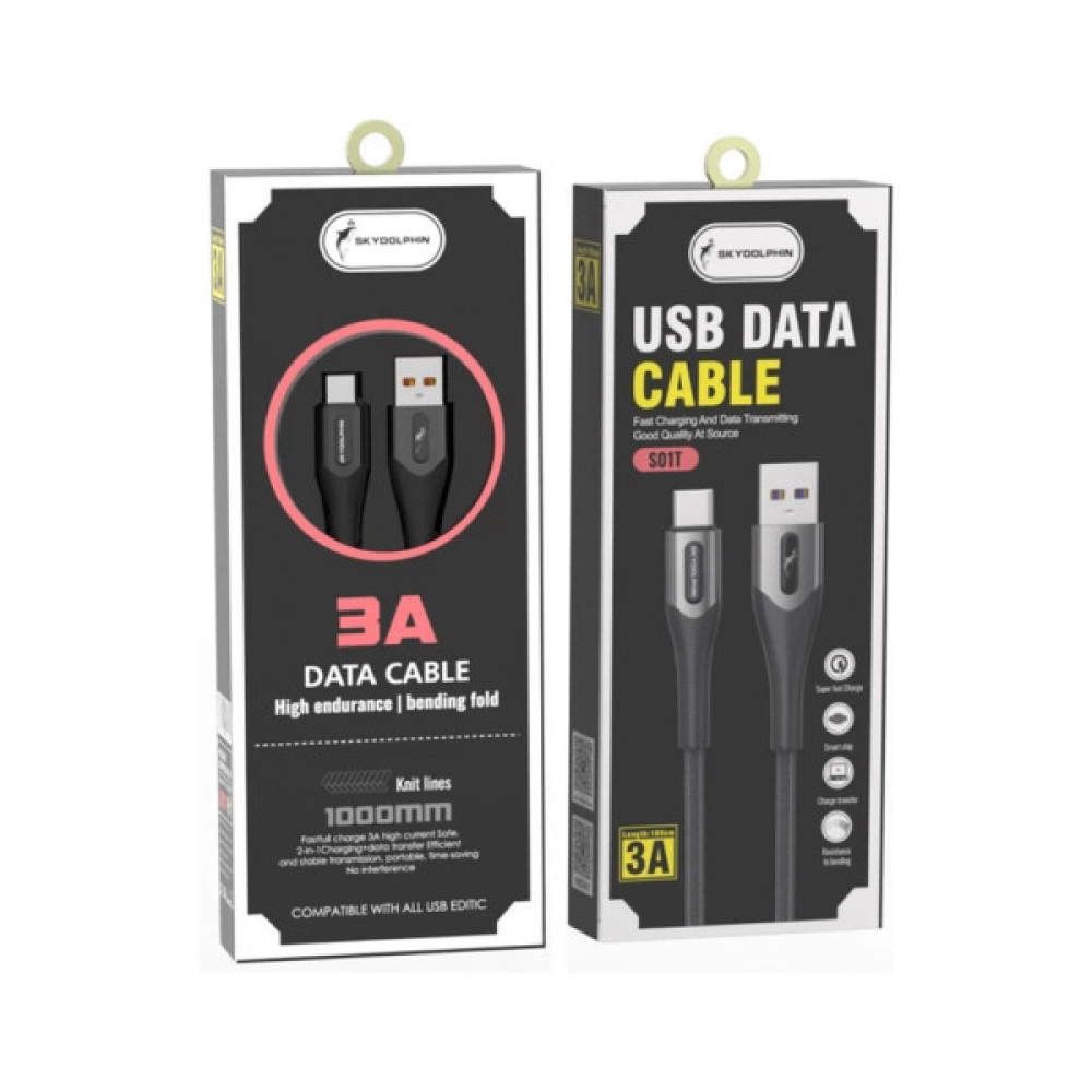 Дата кабель USB 2.0 AM to USB-C 1.0m 3A braided black SkyDolphin (USB-000583)