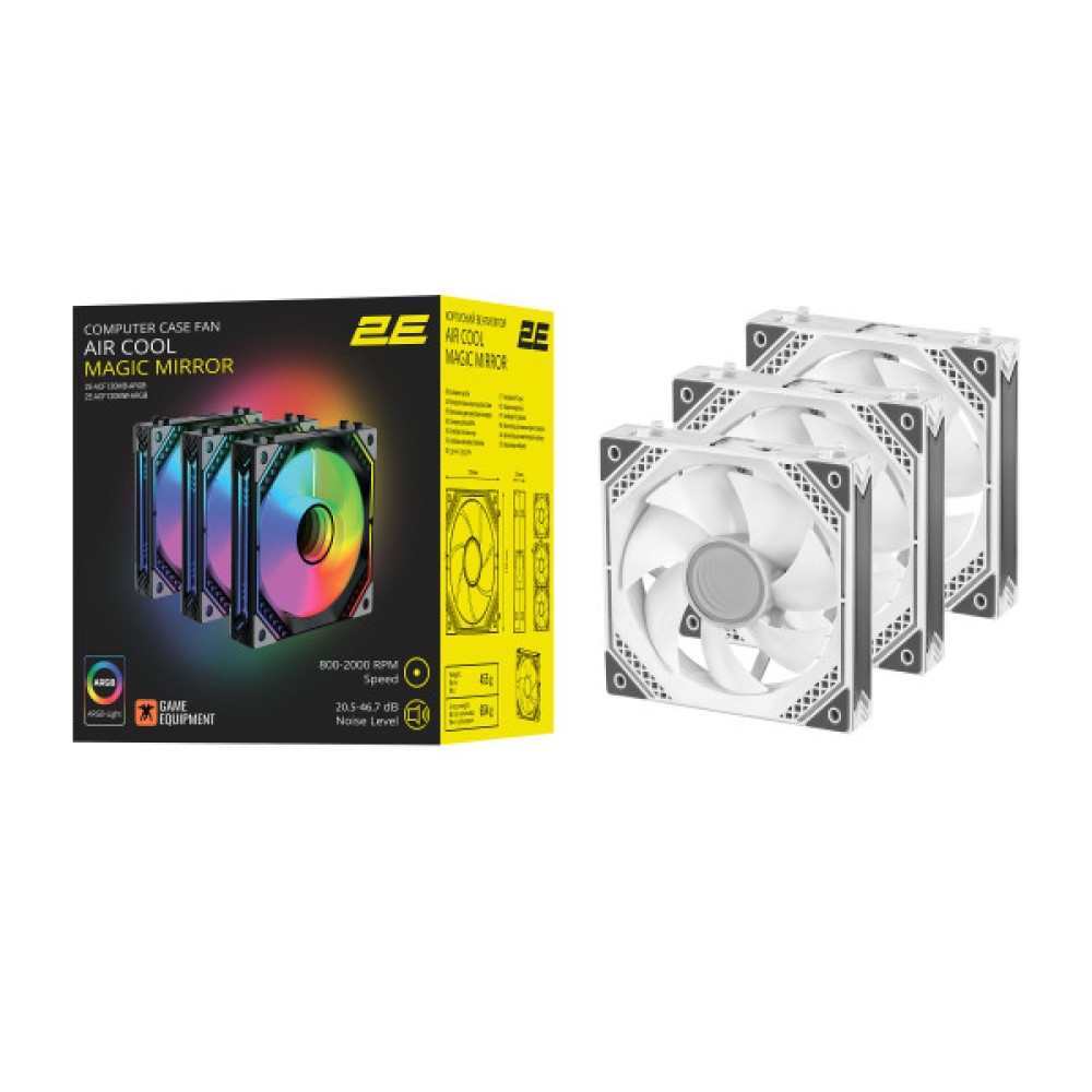 Корпусні вентилятори 2E GAMING Air Cool Magic Mirror ACF120MW-ARGB, 3x120мм, 2000rpm, 4pin PWM +5VARGB, 20.5dBa, білий