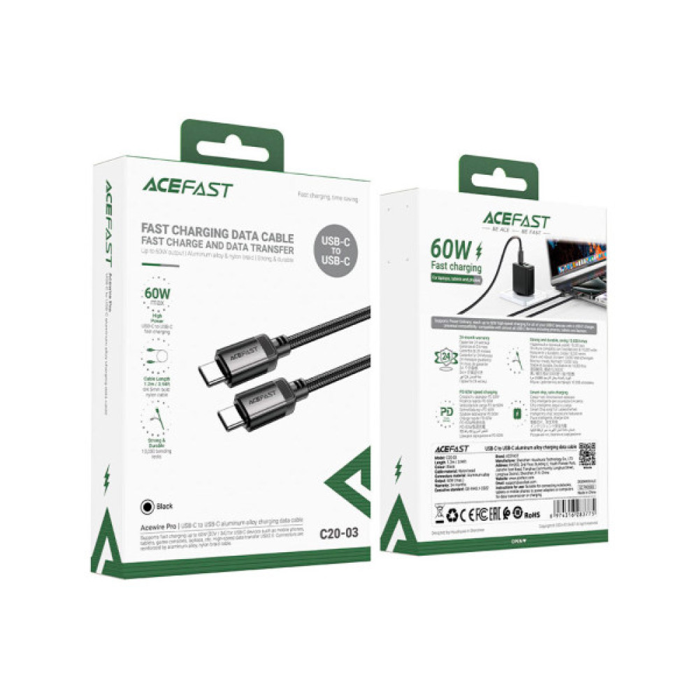 Дата кабель USB-C to USB-C 1.2m 3A aluminum alloy C20-03 Black Acefast (6974316283775)