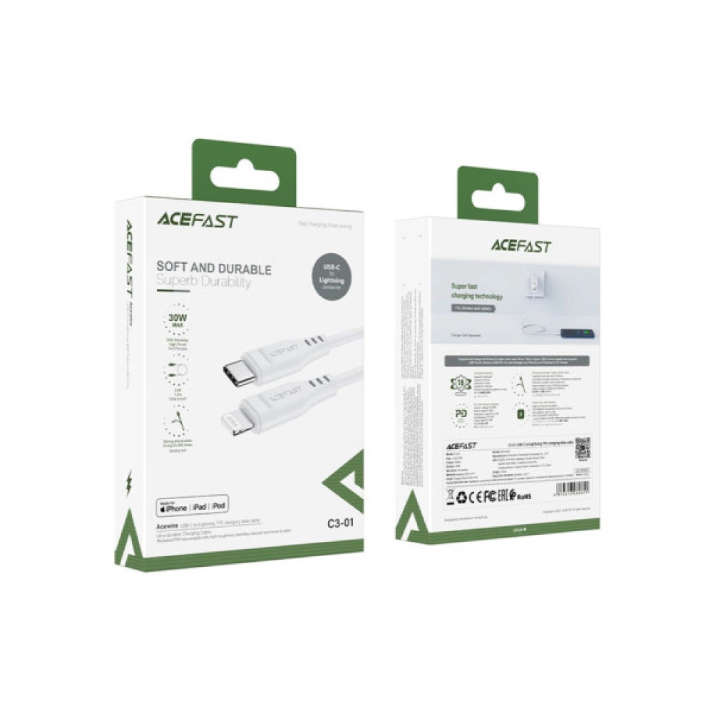 Дата кабель USB-C to Lightning 1.2m 3.0A TPE C3-01 White Acefast (6974316280811)