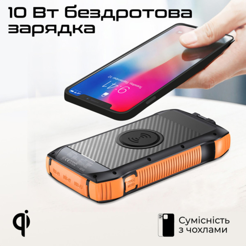 Батарея універсальна Promate 20000mAh PD/20W, QC/3/0, Solar, QI, IP65 (solartank-20pdqi.black)