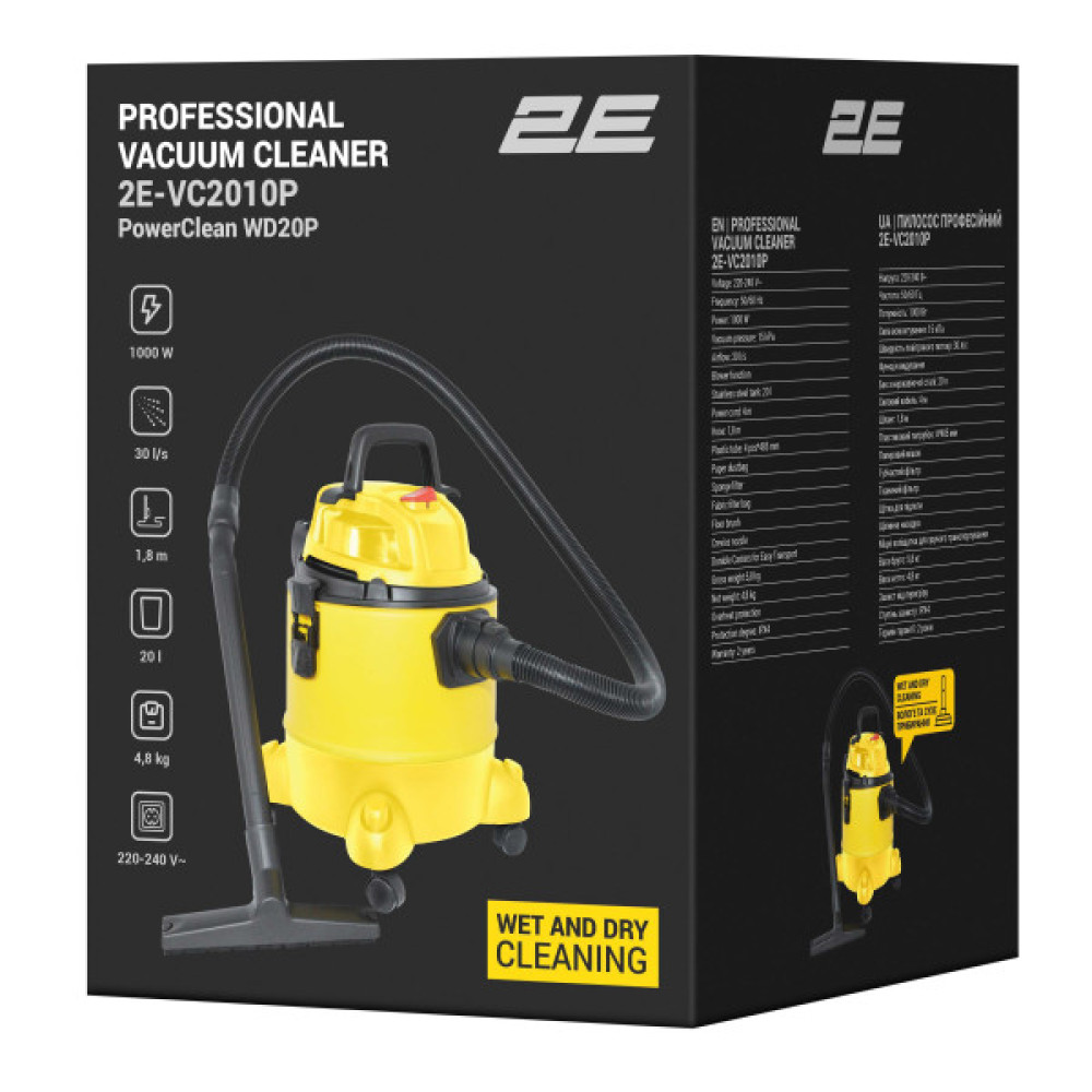 Пилосос професійний 2E PowerClean 20P 1000Вт 15кПа контейнер 20л вологе/сухе прибирання функція повітродувки IPX4 4.8кг