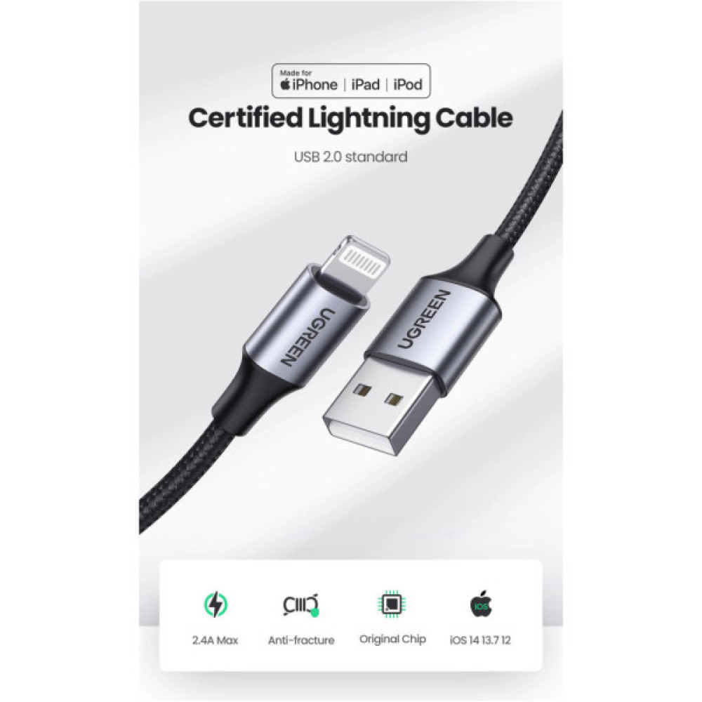 Дата кабель USB 2.0 AM to Lightning 2.0m US199 2.4A Black UGREEN (60158)