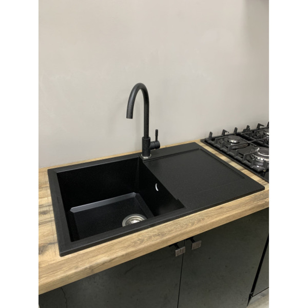 Набір кухонний Adamant Horizon, штучний камінь, прямокут., з крилом, 780х495х230мм, чаша - 1, врізна, чорний + змішувач та дозатор