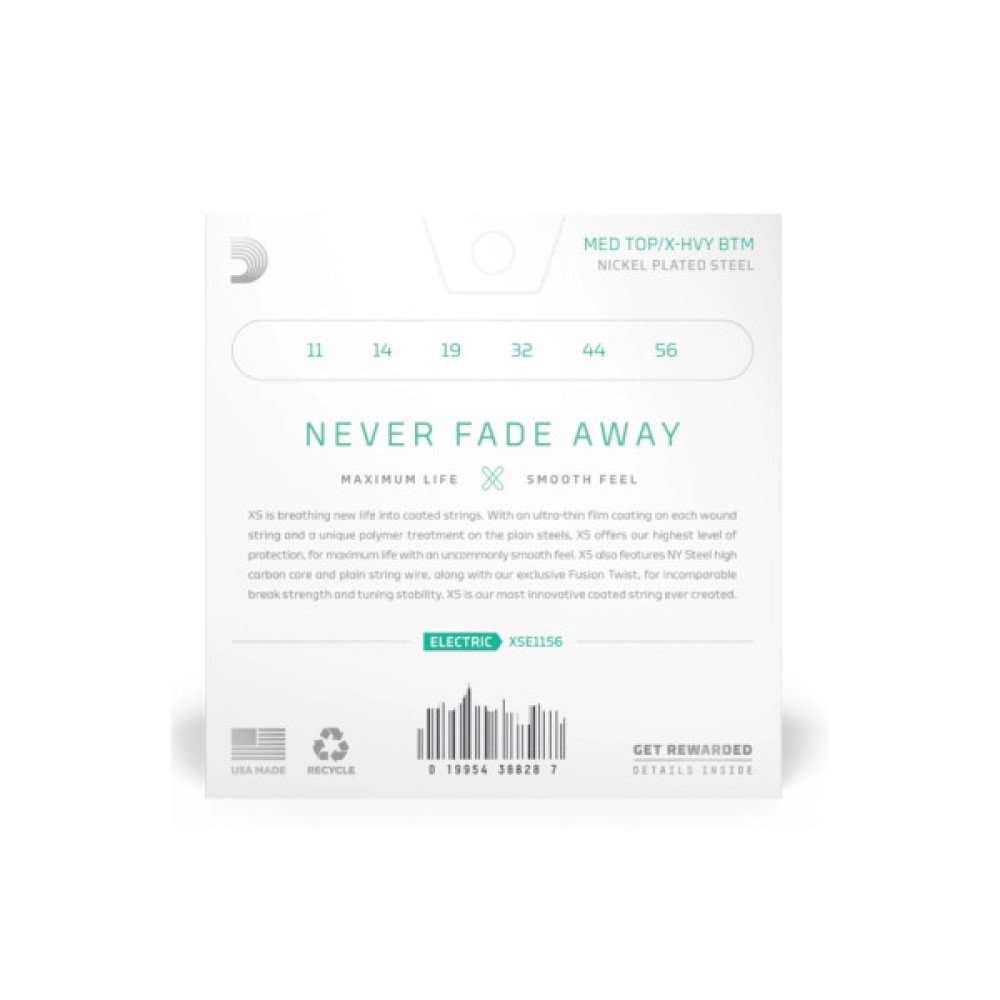 Струни для гітари D'Addario XS Coated Electric Guitar Strings Medium Top / Extra Heavy Bottom (11-56) (XSE1156)