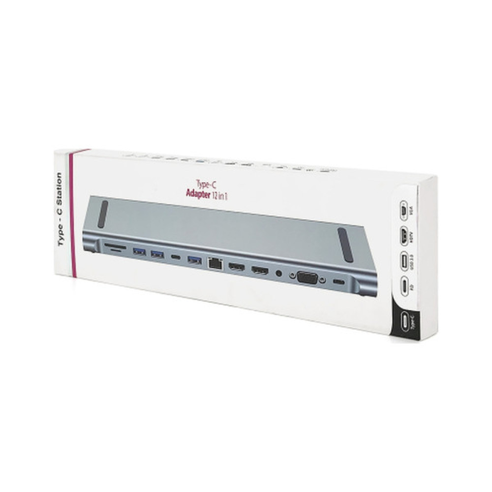 Концентратор Voltronic USB-C 12-in-1 USB-C + 2xUSB 2.0 + USB 3.0 + 2xHDMI + VGA + SD/TF + RJ45 + 3.5mm + PD 0.1m silver (YT-HTC12in1)