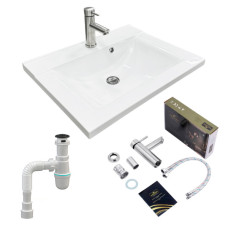 Набір для ванної кімнати, раковина, умивальник Adamant QUANTO 60, штучний камінь, прямокут., з сифоном Click-Clack + змішувач