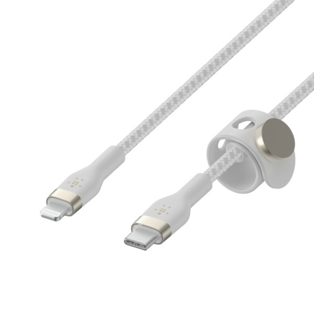 Кабель USB-C > Lightning заряджання/синхронізації Belkin 1м, Type-C, плетений, силіконовий, з ремінцем на магніті, білий