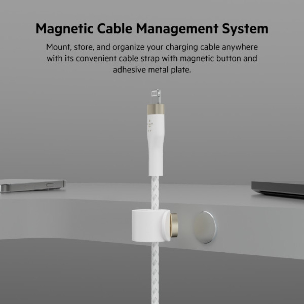 Кабель USB-C > Lightning заряджання/синхронізації Belkin 1м, Type-C, плетений, силіконовий, з ремінцем на магніті, білий