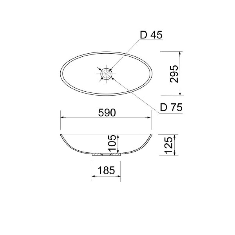 Раковина, умивальник Adamant ANDERE NEW, штучний камінь, овальна, без отвору для змішувача та переливу, 590х295х130мм, накладний, чорно-білий