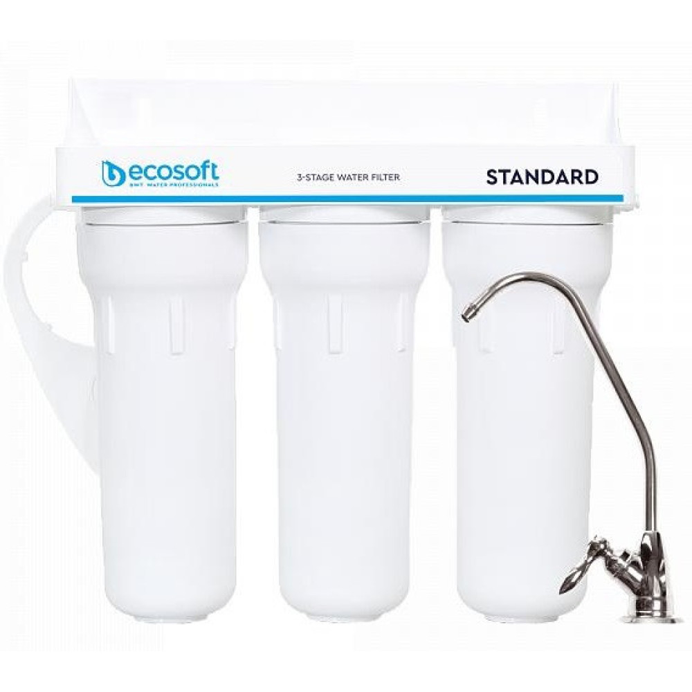 Фільтр проточний тристадійний Ecosoft Standard, покращений комплект картриджів з Ecomix, кран капля
