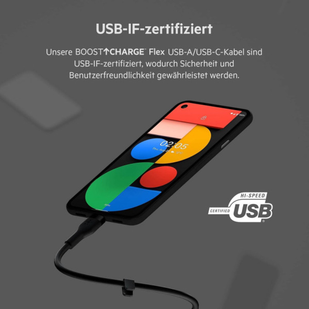 Кабель Belkin USB-A > USB-C заряджання/синхронізації 15Вт, 3м, силіконовий з кліпсою, чорний