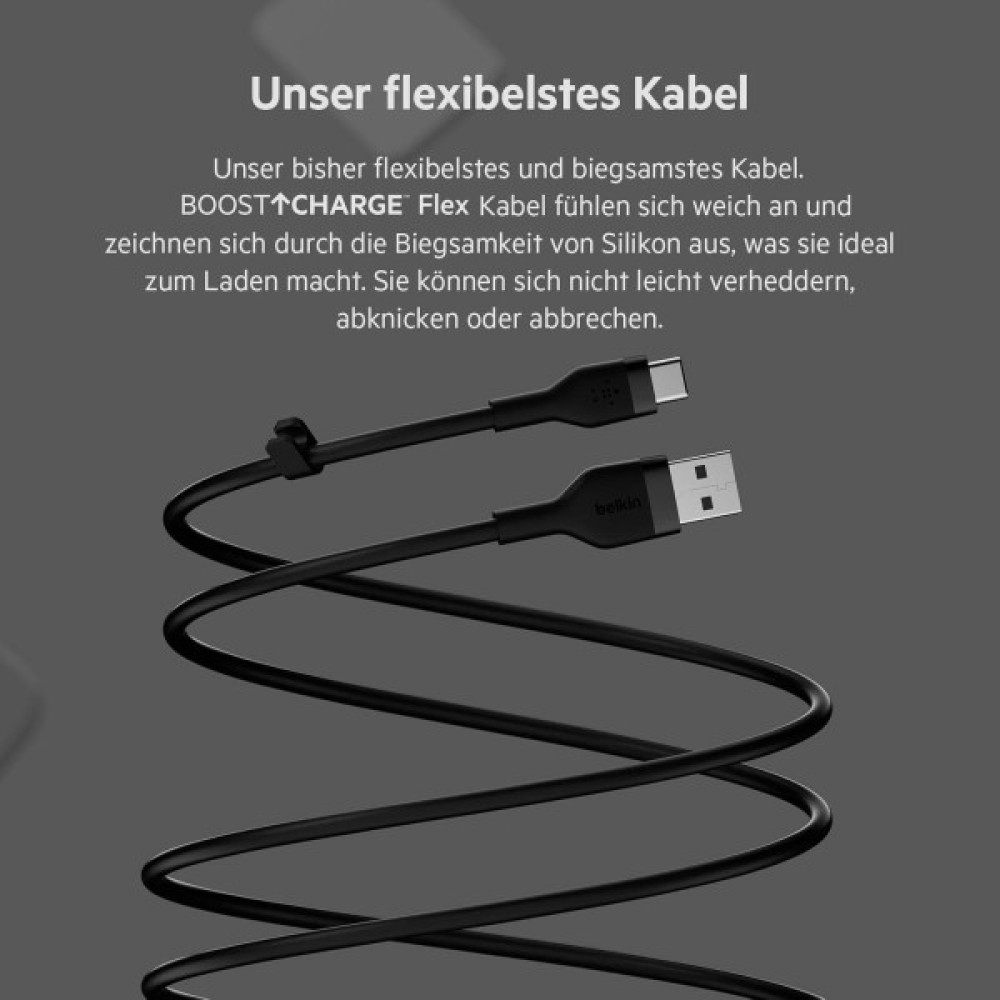 Кабель Belkin USB-A > USB-C заряджання/синхронізації 15Вт, 3м, силіконовий з кліпсою, чорний