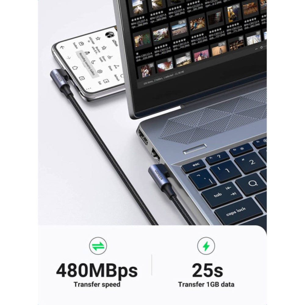 Дата кабель USB-C to USB-C 1.0m 100W (20V/5A) 90° corner braided black Ugreen (70696)