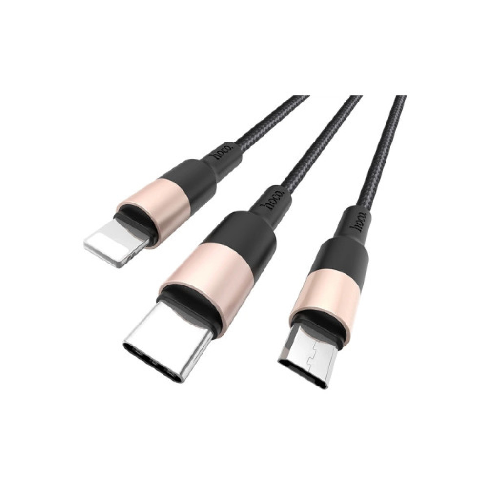 Дата кабель USB 2.0 AM to Lightning + USB-C + Micro 5P 1.0m 2A nylon X26 black+gold HOCO (6957531080275)