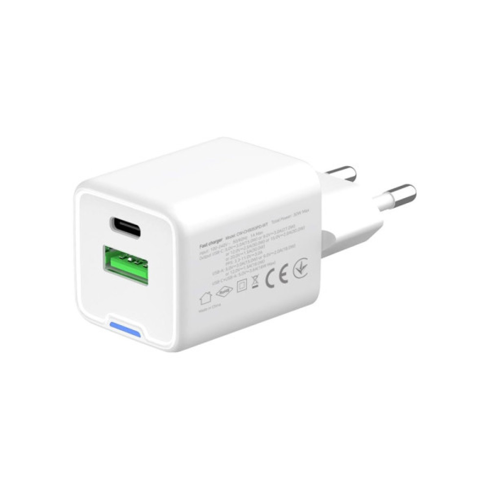 Зарядний пристрій ColorWay GaN Mini 30W PD Port PPS USB (Type-C PD + USB QC4.0) white (CW-CHS053PD-WT)