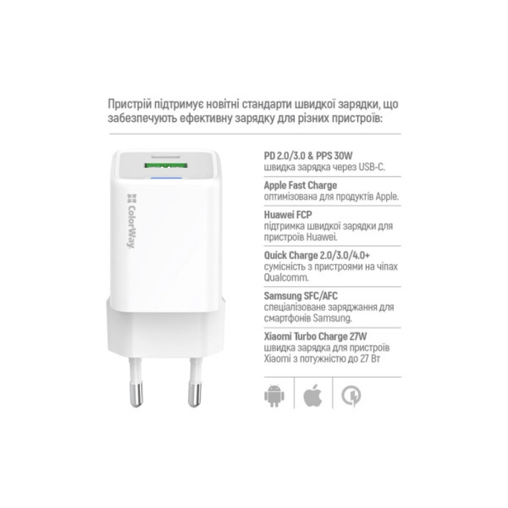 Зарядний пристрій ColorWay GaN Mini 30W PD Port PPS USB (Type-C PD + USB QC4.0) white (CW-CHS053PD-WT)